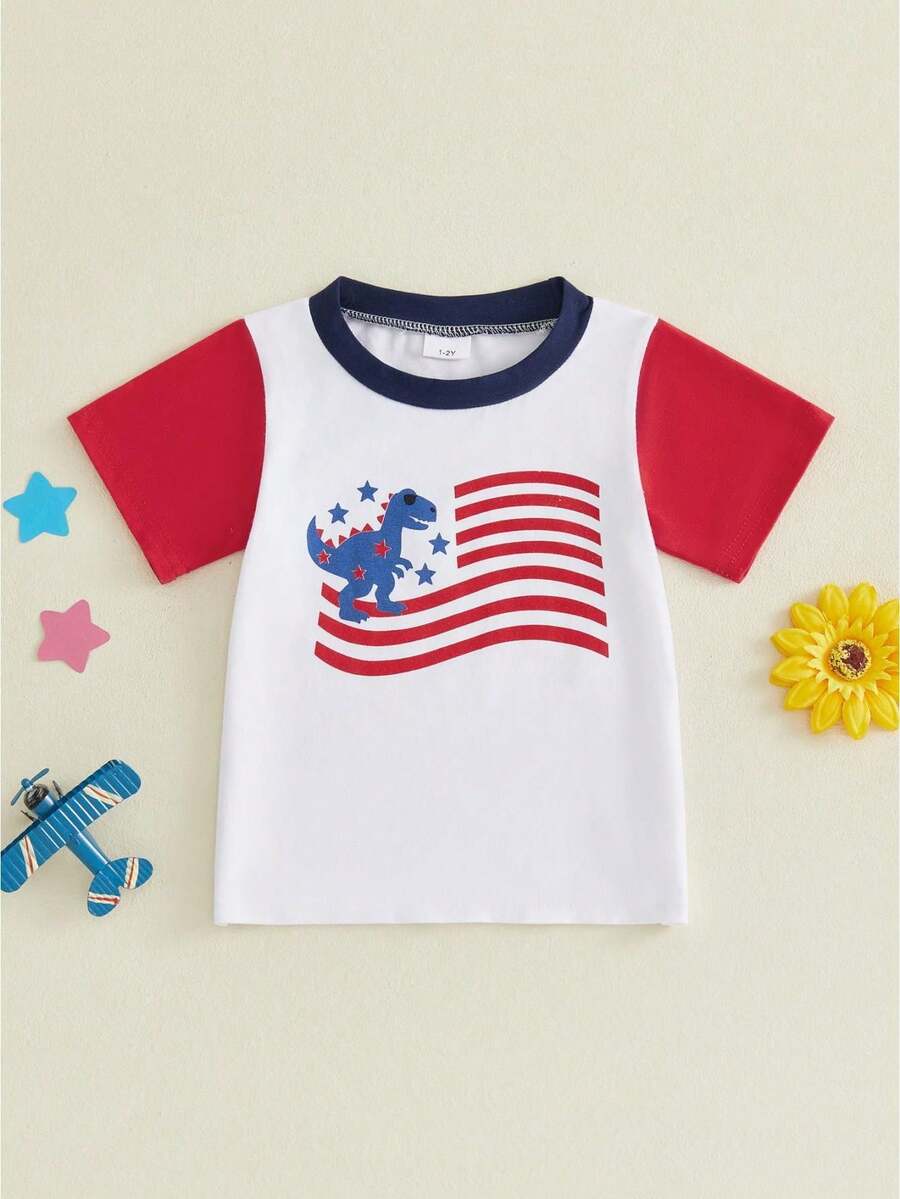 Camiseta informal para bebé niño del 4 de julio con estampado de dinosaurios y bandera estadounidense, cuello redondo y manga corta, ideal para el verano. - Blanco - Ver 1