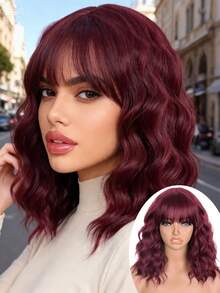 Tóc giả bob màu nâu highlight dành cho nữ, chịu nhiệt, dài ngang vai, kiểu tóc gợn sóng nhẹ có mái, tóc bob xoăn dài trung bình 14 inch. - Nhiều màu - Xem 8