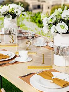 6pcs Gold Arch-Shaped Wedding Table Number Plates, Clear Acrylic Table Number Cards, Suitable For Wedding Reception Seating, Anniversary Celebration And Bridal Shower, Elegant Wedding Decor, Graduation Ceremony, Party Decoration, Bachelorette Party, Wedding Signage, Dinner Table Cards, Wedding Reception Table Decor - A - View 2