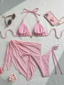 Swim Mod Conjunto de 3 piezas, traje de baño sexy para mujer con sujetador triangular halter con textura floral y decoración dorada, braguitas de bikini con lazos laterales y falda pareo.Conjunto de bikini de 3 piezas con top de encaje, pareo de encaje y cobertura de playa.Conjunto de bikini con top de cuentas, concha y cobertura para vacaciones y festivales. - Rosa - Ver 2
