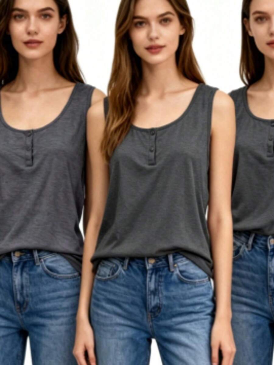 ¡CLICK AQUÍ! Blusa Sin Mangas de Mujer con Cuello Henley, Tela Suave y Transpirable, Corte Holgado, Ideal para Look Casual Diario.   B1X075 - Gris - Ver 1
