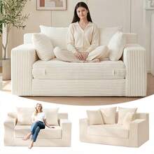Loveseat Boneless Convertible Sofa Bed, Folding Floor Futon Sleeper Sofa Couch Bed- Boneless Foldable Couch, Corduroy Pull Out Sofa Bed With 4 Pillows For Living Room & Bedroom, Beige - 米色 - 查看 1