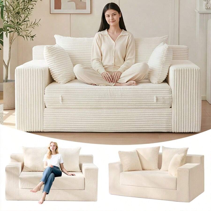Loveseat Boneless Convertible Sofa Bed, Folding Floor Futon Sleeper Sofa Couch Bed- Boneless Foldable Couch, Corduroy Pull Out Sofa Bed With 4 Pillows For Living Room & Bedroom, Beige - 米色 - 查看 1