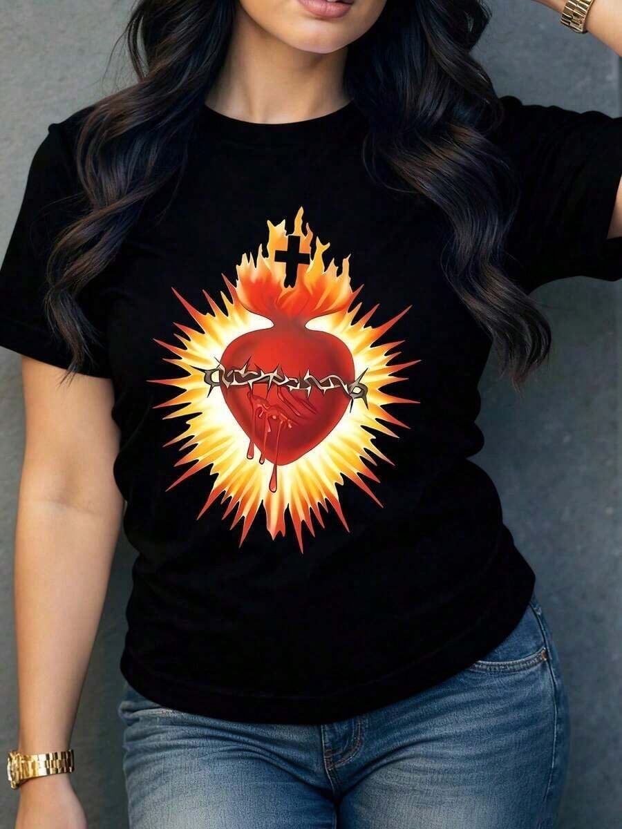 Solt Camiseta de Mujer con Estampado Gráfico de Corazón Sagrado, Diseño Original y Moderno, Ideal para un Look Casual con un Toque de Estilo, Disponible en Varias Tallas y Colores.gráfico - Negro - Ver 1