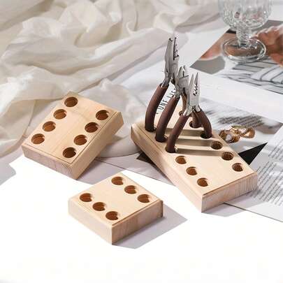 1pc Wooden Clamp Storage Box, Rectangular 6/8/12 Hole Organizer Tray, Smooth Solid Wood Material, Durable With Hole Cover Ring, Suitable For Storing Tweezers, Pliers, Perfect For Jewelry Making, Craft Studio, Unique Gift For Jewelry Makers And DIY Enthusiasts