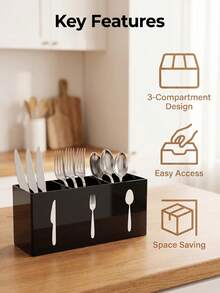 1 pieza Estante de almacenamiento multifuncional para la cocina, soporte duradero de color negro para utensilios con etiquetas, ahorra espacio, adecuado para guardar cuchillos, tenedores, cucharas y vajilla, se puede usar en el comedor, bar, encimera de la cocina o picnic al aire libre - Compartimento para cubiertos de tres compartimentos - Ver 10