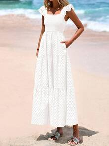 Women's Summer Square Collar Long Dress With Sleeve Cap Hole Eye Ruffles Layered A-Line Casual Vacation Long Skirt With Pockets - 白色 - 查看 3
