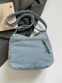 Mini Fashionable Floral Embroidered Jeans Multi-Pocket Crossbody Bag – Versatile Women's Shoulder Bag, Small Jeans Bag, Mom Bag With Adjustable Strap - Blue - View 9