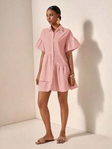 Vestido corto estilo camisa para mujer, color amarillo pastel sólido, cuello de camisa, mangas cortas abullonadas y falda con volante asimétrico, diseño fresco y holgado, ideal para primavera-verano, vacaciones, playa, festivales, viajes y todo tipo de ocasiones - Rosa 2 - Ver 5