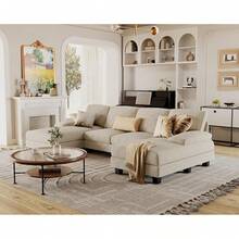 Sofás Seccionales Furmax para Sala de Estar, Sofá en Forma de U con Tela de Lino, Conjunto de Sofá de 4 Plazas con Doble Chaise Longue para Apartamento (Tela, Gris) - Beis - Ver 7