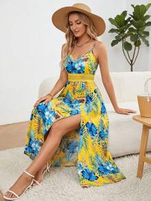 Summer Boho Floral Print Dress For Women Sleeveless V-Neck Maxi Flowy Dresses Spaghetti Straps A Line Sundress With High Slit For Holiday And Vacation - Yellow - View 6