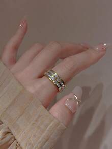 1 buah Cincin Fashion Dua Baris Rhinestone Stainless Steel Zirkonia, Serbaguna untuk Pemakaian Sehari-hari dan Kencan - Gaya 2 - View 14