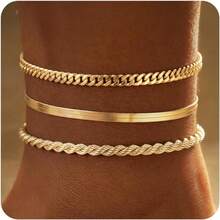 Waterproof Ankle Bracelets For Women, 14k Gold Plated Hypoallergenic Layered Stackable Herringbone Cuban Link Chain, Adjustable Beach Anklets Bracelets For Women Gift 3pc Sets - 3pc Gold03 - View 1