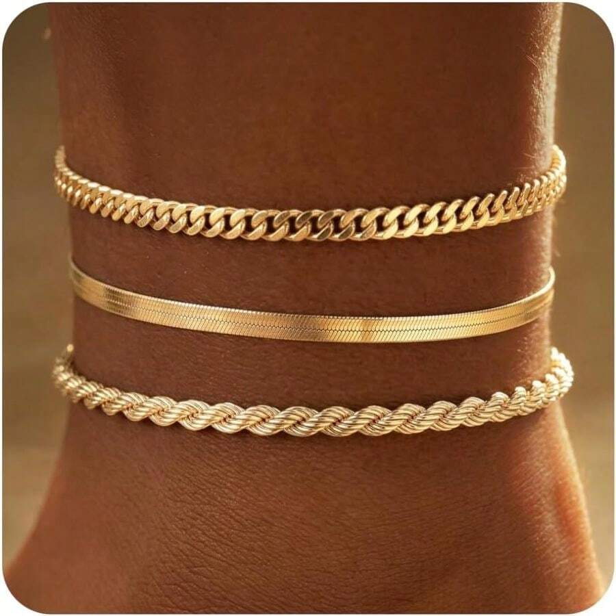 Waterproof Ankle Bracelets For Women, 14k Gold Plated Hypoallergenic Layered Stackable Herringbone Cuban Link Chain, Adjustable Beach Anklets Bracelets For Women Gift 3pc Sets - 3pc Gold03 - View 1