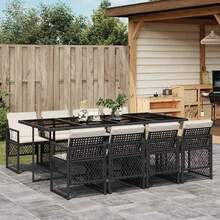 vidaXL 9-tlg. Garten-Essgruppe mit Kissen Schwarz Poly Rattan - A - Übersicht 1