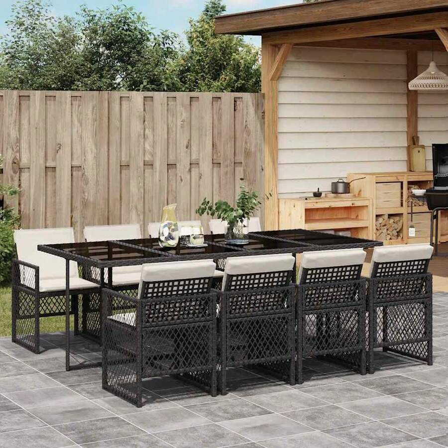 vidaXL 9-tlg. Garten-Essgruppe mit Kissen Schwarz Poly Rattan - A - Übersicht 1