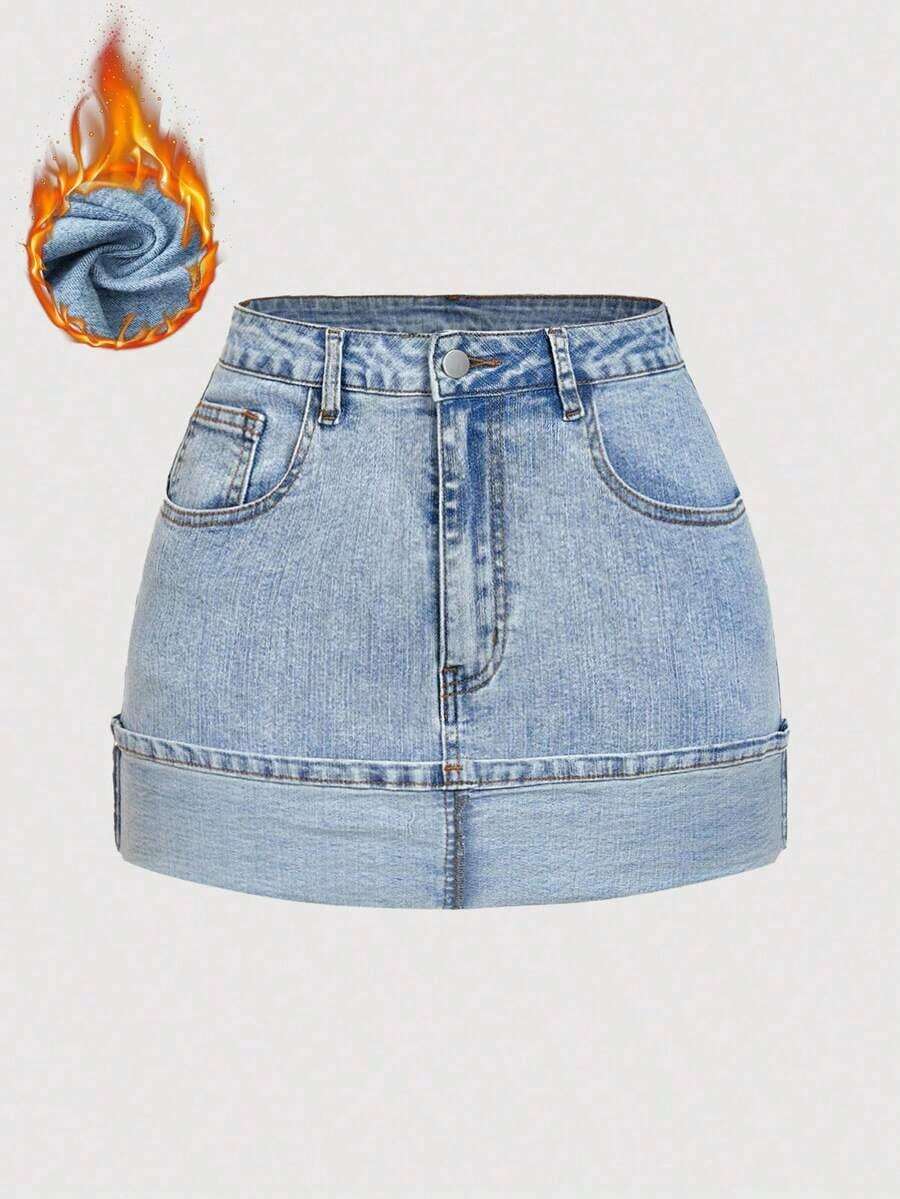Minifalda de mezclilla casual de mujer con bloqueo de color lavado y parches - Lavado ligero - Ver 1