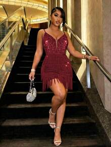CHOSMO Glamorous Women's Short Sequin Tassel Cocktail Dress, Spaghetti Strap Backless Design Wedding Party - Burgundy - View 2