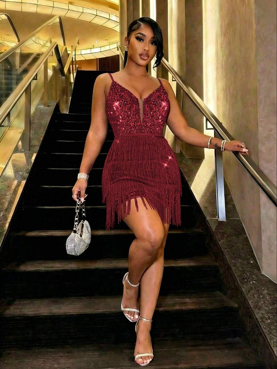 CHOSMO Glamorous Women's Short Sequin Tassel Cocktail Dress, Spaghetti Strap Backless Design Wedding Party