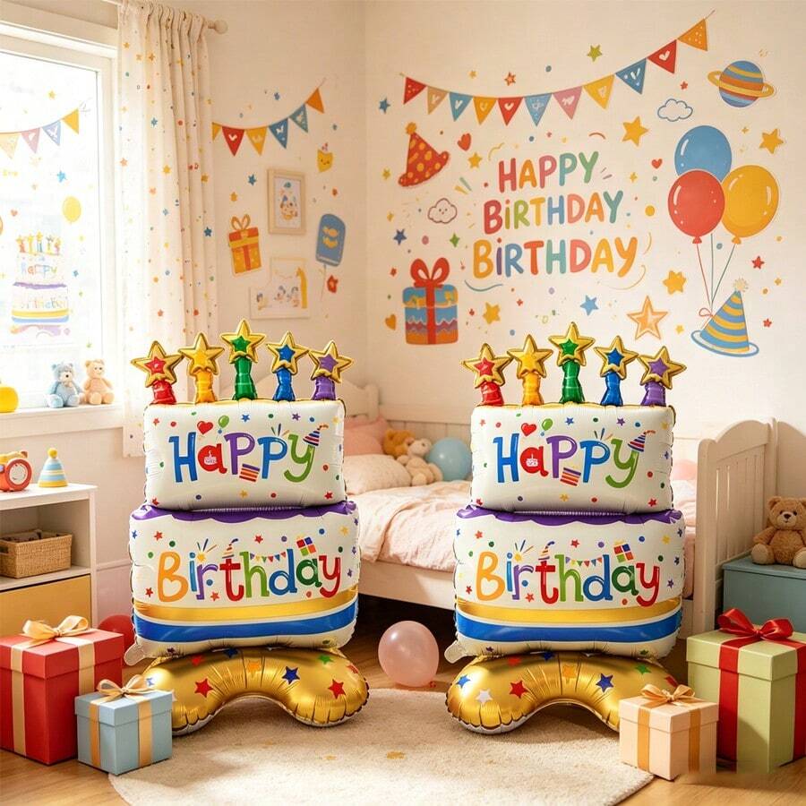 2pcs/Set 26-Inch Birthday Cake Shaped Balloons, Birthday Party Decoration, Celebration Event Gift Prop, Indoor Outdoor Decor - Star Birthday Cake - View 1