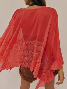 Women's Y2k Summer Sheer Poncho Tops Solid Color Batwing Sleeve Loose Fit T-Shirts Blouses Fairy Grunge Oversized V Neck Lace See Through Flowy Tops - 紅色 - 查看 3