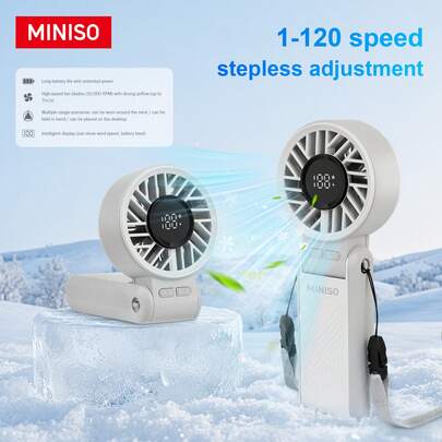  Quạt cầm tay MINISO 3600mAh với thời lượng pin 8 giờ, sạc nhanh, động cơ không chổi than 10.000 vòng/phút, điều chỉnh tốc độ vô cấp từ 1–120, màn hình thông minh và 4 chức năng trong 1: đeo cổ, gập gọn, để bàn, cầm tay, quạt trang điểm, dành cho người đam mê thể thao ngoài trời, 1 chiếc.