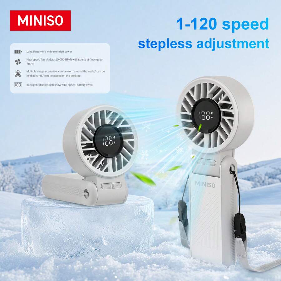 MINISO 便攜式手持電動風扇 3600mAh 電池 8 小時續航 快充 10,000 RPM 無刷馬達 無段 1-120 檔調速 智慧顯示 4 合 1 用法：掛頸、折疊、桌面、手持 化妝風扇 適合戶外運動愛好者 1 個