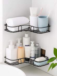 1/2pcs Black Triangle Self-Adhesive Corner Storage Rack, Multi-Purpose Self-Adhesive Wall-Mounted Corner Storage Rack, Suitable For Bathroom, Kitchen, Cosmetics Hanging, Living Room, Etc. - Black - View 3