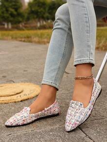 Chic Multicolor Tweed Pointed Toe Flats, Slip-On Casual Loafers, Elegant Flat Shoes For Office, Dating, Travel - 彩色 - 查看 4