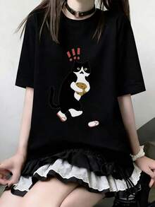 Women's Casual Loose Round Neck Letter & Cat Print Short Sleeve T-Shirt, Versatile For Summer Black - Black - View 3