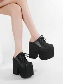 Gdgydh Mules pour femmes à lacets à talons hauts Talons épais Chaussures à talon compensé avec avant-pied surélevé Chaussures à talons compensés Sandales d'été Chaussures de cosplay - Noir - Voir 3