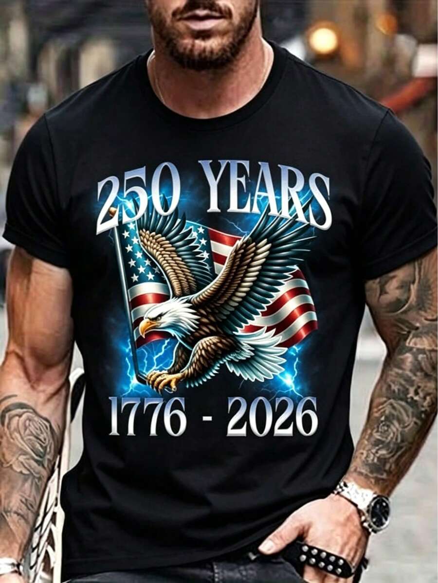 1pc Men'S Cotton Crew Neck-Shirt With Stars And Stripes We People Print, Casual All-Season Short Sleeve Tee With Slight Stretch,Regular Fit For Men Wo - 黑色7 - 查看 1