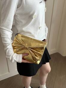 Solid Color Metallic Butterfly Envelope Clutch, Solid Color Glitter Minimalist Casual PU Envelope Clutch - Gold - View 4