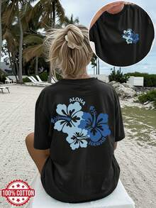 Women's Casual Summer Top With Both Sides Print, Fresh Style Hibiscus Print ALOHA HAWAII, Short Sleeves, Round Neck, Loose Fit, Ladies T-Shirt. - Black - View 8