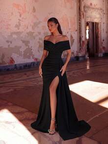 ADYCE Women's Elegant Crossover V-Neck Pleated High Waist Long Satin Tie High Slit Backless Dress, Suitable For Galas, Wedding Guests, Homecoming, Date Nights, Formal Dinners, Birthday Parties, Holidays, Family Gatherings, New Year And More Occasions Spring Black Party - màu đen - Xem 5