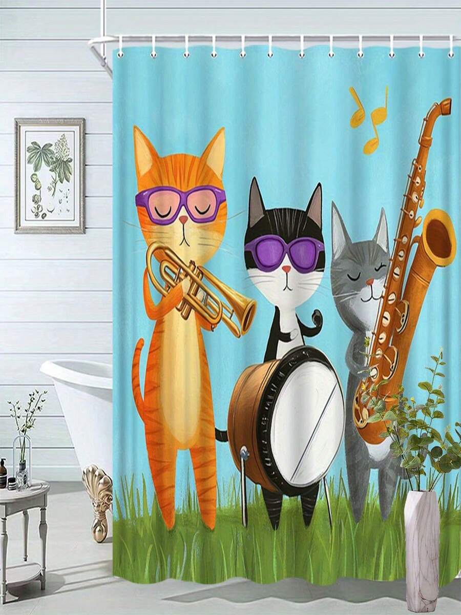 One Fun Cat-Themed Shower Curtain Featuring A Cartoon Jazz Band Cat Playing The Saxophone, Trumpet, And Drums - A Fantastical Music-Style Bathroom Décor With 12 Hooks. Made Of Polyester Fabric, 70.8 X 70.8 Inches. Machine Washable Bath Curtain Suitable For Cat Lovers, Home Décor, Playful Patterns, Durable Material, Easy-Care Fabric, Gift Shoppers, And Pet Owners. - A - View 1