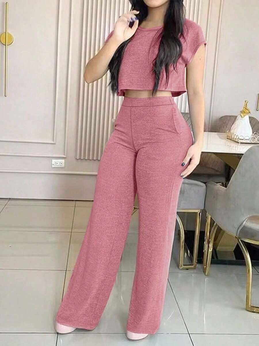 Conjunto casual y elegante de 2 piezas de unicolor con bolsillo, primavera/verano negro para mujer - Rosado Sandía - Ver 1