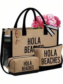 大容量女士沙滩手提包，带围巾和侧袋，2个便携式化妆包，“HOLA BEACHES”印花，可重复使用的旅行购物袋和化妆包，时尚太阳镜，草编遮阳帽，节日礼品袋，非常适合度假，也适合婚礼、生日、节日、母亲节、教师节等场合，是送给女士、母亲、老师、朋友、伴娘、学生的绝佳礼物。 - 彩色 - 查看 15