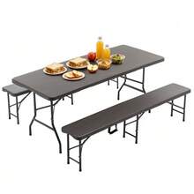 6ft Folding Picnic Table With 2 Benches, 3-Piece Camping Set, HDPE Tabletop With Tree Pattern, Safety Lock, UV & Water Resistant, Brown - Brown - View 7