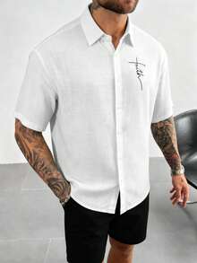 Camisa de manga corta con botones y estampado de letras en mezcla de lino blanco para hombres GloMan, transpirable para verano, uso diario, vacaciones, atuendo de oficina, diario, esposo/novio - Blanco - Ver 4