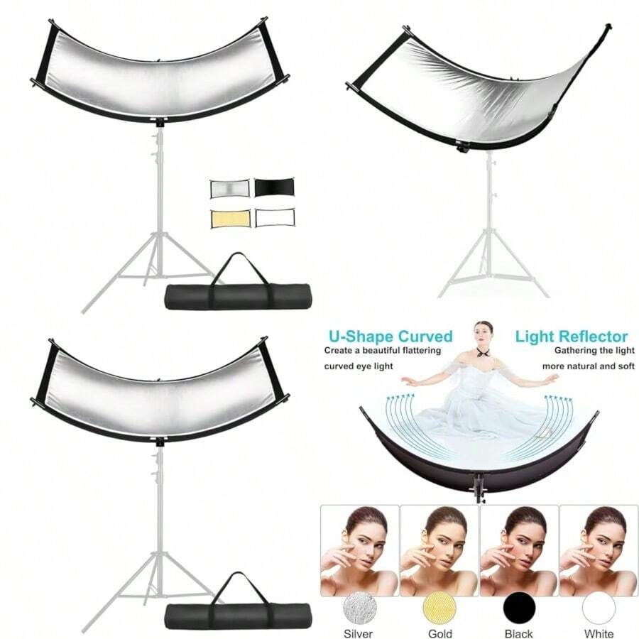 Difusor reflector de luz con bolsa de transporte 100 x 50 cm reflector de iluminación curvada para fotografía video estudio de fotografía fotografía fotografía fotografía estudio - Negro blanco plata oro - Ver 1