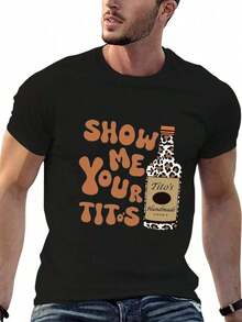 Men's Casual Short-Sleeve T-Shirt, "Show Me Your Titos" Text Pattern Top, Casual Style, Top, Fashion Summer Short-Sleeve T-Shirt, Heat Transfer Print Design, Couple Outfit, Perfect Valentine's Day Gift, Couple Printed T-Shirt, Vodka Enthusiast Printed Shirt, Men's Printed T-Shirt. - 白色 - 查看 12