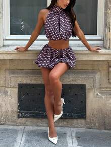 Conjunto de falda corta de verano para mujer, color liso/lunares, sin mangas, espalda descubierta, cuello halter, top corto con minifalda, conjunto de 2 piezas - Morado - Ver 1