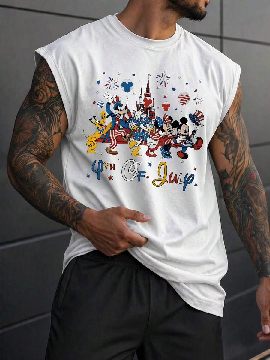 Disney Official Mickey Mouse 4th Of July Sleeveless T-Shirt Men, Patriotic Statue Of Liberty Mickey Independence Day Tank Top, Casual Graphic Tee - 白色 - 查看 1