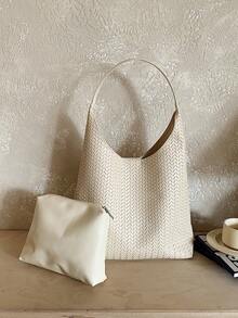 1pc Solid Color PU Fabric Woven Embossed Pattern Simple Casual Women Shoulder Bag, Suitable For Commuting And Shopping - A - View 13