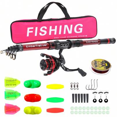 Bộ cần câu và máy câu di động bằng sợi carbon, kèm mồi câu, phụ kiện và túi đựng, bộ dụng cụ câu cá du lịch ngoài trời.