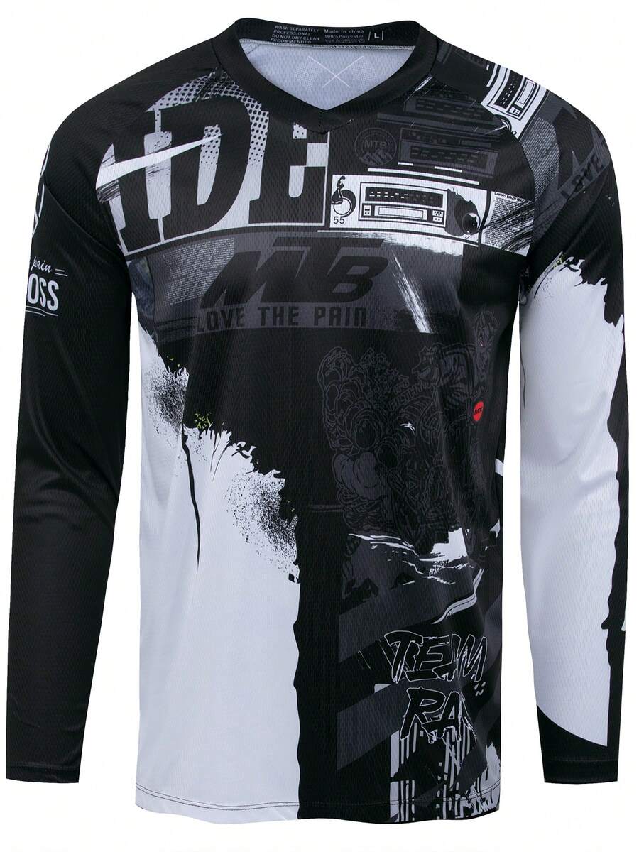 TELEYI Men's Graffiti Print Long Sleeve MTB Off-Road Motorcycle Riding Jersey Top, Quick-Dry Breathable Black Sports - Black - View 1