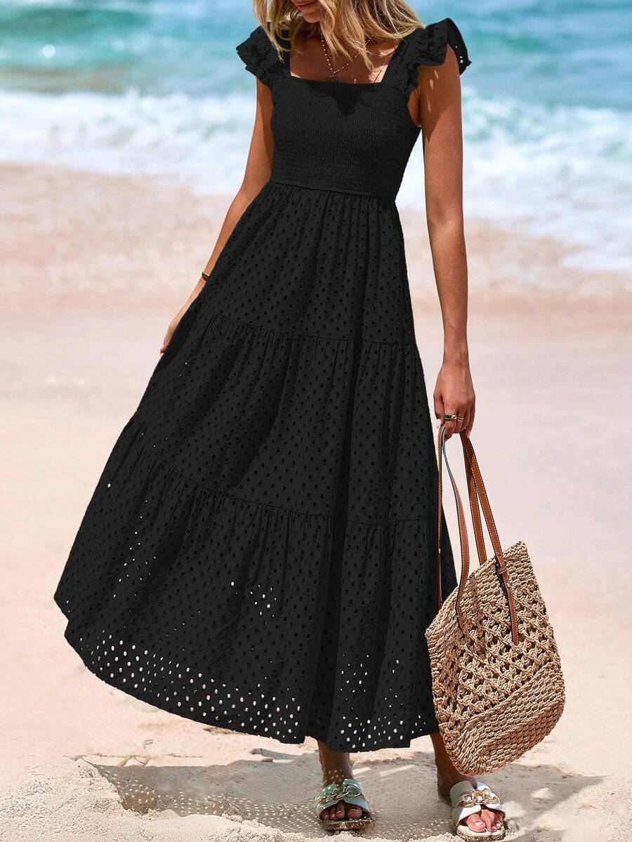 Women's Summer Square Collar Long Dress With Sleeve Cap Hole Eye Ruffles Layered A-Line Casual Vacation Long Skirt With Pockets - Black - View 1