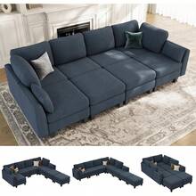 Sofá Cama Modular de 6 Plazas, Sofá Modular Cómodo, Sofás Convertibles con Otomanas, Sofás Modulares para Sala de Estar, Gris Oscuro - Azul - Ver 2