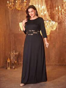 SUPGIR [Imprimé aléatoire] Robe de soirée réversible à ceinture de taille avec patchwork de sequins pour femmes grandes tailles, manches longues, pour les vacances - Doré - Voir 5